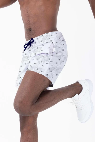 Su İtici Özellikli Dijital Baskılı Erkek Plaj Deniz Şort Mayo - D023-Beyaz - Resim 3