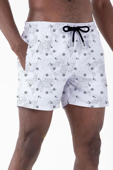 Su İtici Özellikli Dijital Baskılı Erkek Plaj Deniz Şort Mayo - D023-Beyaz - Resim 5