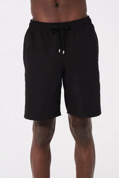Siyah Uzun Boy Basic Model Su İtici Özellikli Düz Renk Erkek Plaj Deniz Şort Mayo - 2206-Siyah - Resim 4