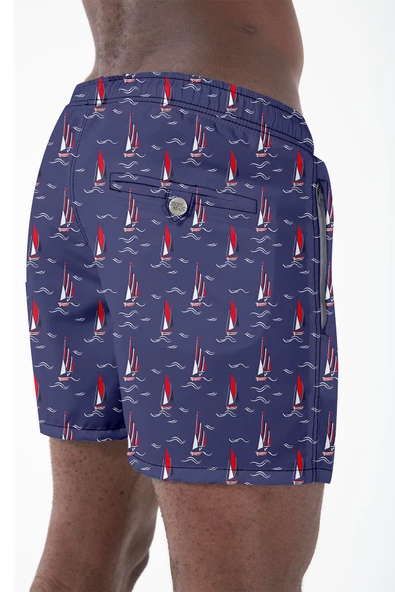 Su İtici Özellikli Dijital Baskılı Erkek Plaj Deniz Şort Mayo - 205-Lacivert - Resim 2