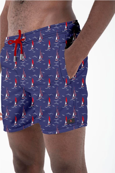 Su İtici Özellikli Dijital Baskılı Erkek Plaj Deniz Şort Mayo - 205-Lacivert ürün görseli