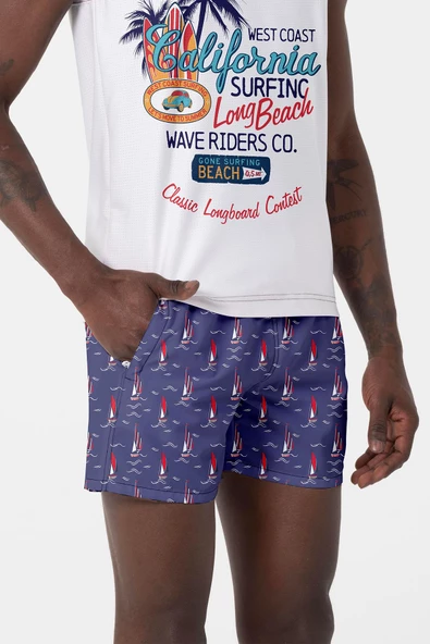 Su İtici Özellikli Dijital Baskılı Erkek Plaj Deniz Şort Mayo - 205-Lacivert - Resim 3