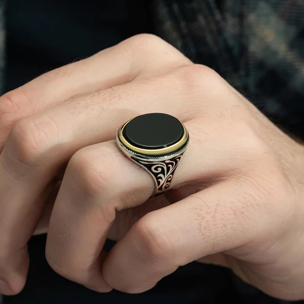 Gümüş Oval Oniks Taşlı Erkek Yüzük - 7
