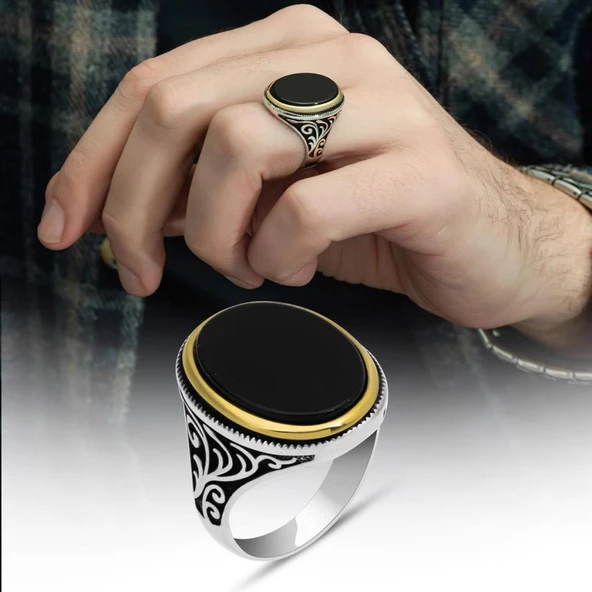 Gümüş Oval Oniks Taşlı Erkek Yüzük - 5