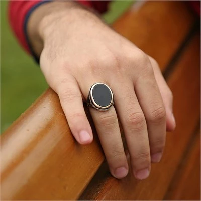 Gümüş Oval Oniks Taşlı Erkek Yüzük - 2