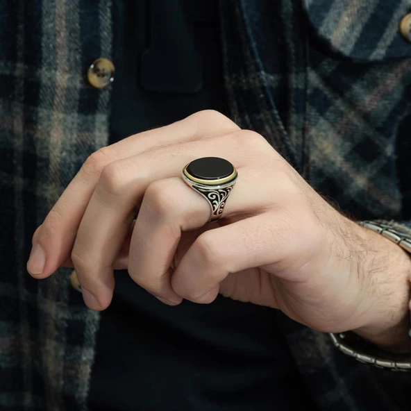 Gümüş Oval Oniks Taşlı Erkek Yüzük - 6