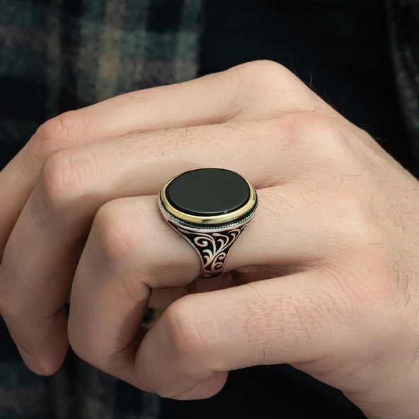 Gümüş Oval Oniks Taşlı Erkek Yüzük - 10
