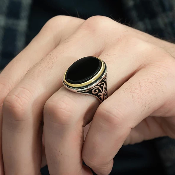 Gümüş Oval Oniks Taşlı Erkek Yüzük - 11