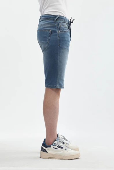 Erkek Likralı Bağcıklı Jean Şort - 3