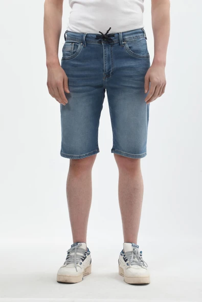 Erkek Likralı Bağcıklı Jean Şort - 2