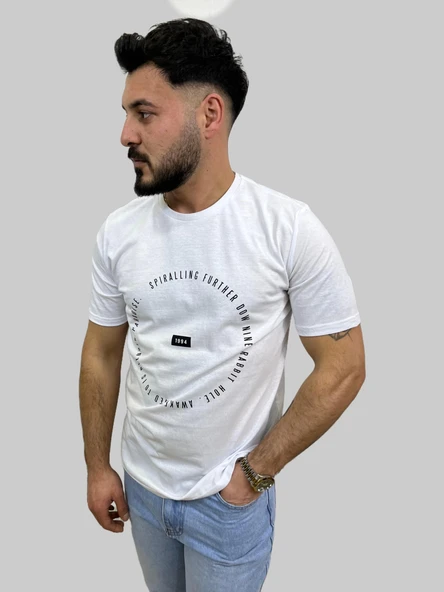 Erkek Spıralling Sıfır Yaka Basic Beyaz Tişört