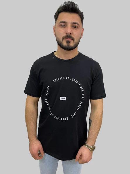 Erkek Spıralling Sıfır Yaka Basic Siyah Tişört