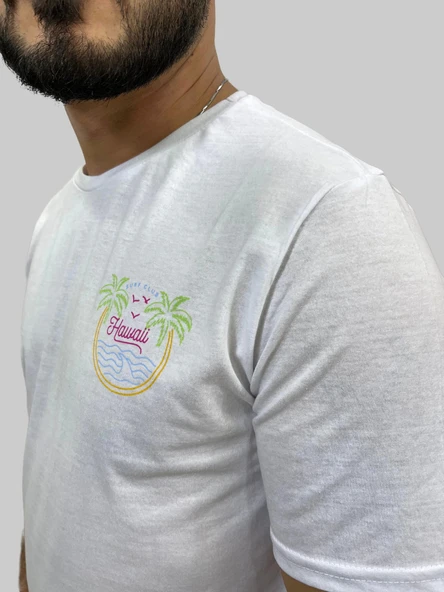 Erkek Hawaii Sıfır Yaka Basic Beyaz Tişört - 6