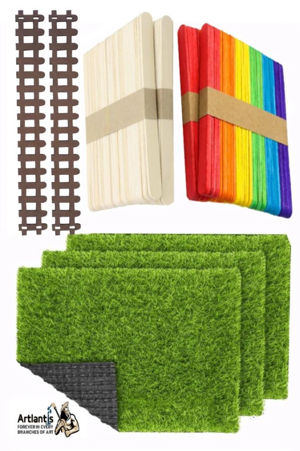 Maket Yapım Seti A4 Suni Çim Renkli ve Naturel Dondurma Dil Çubuğu Maket Çim Yapay Çim Ahşap Dondurma Çubuğu