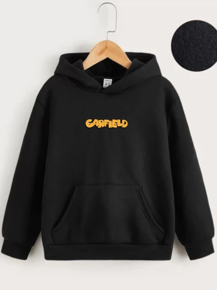 Çocuk Unisex Kapüşonlu Ön ve Arka Garfield Baskılı Sweatshirt - Siyah - Resim 2