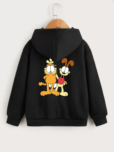 Çocuk Unisex Kapüşonlu Ön ve Arka Garfield Baskılı Sweatshirt - Siyah