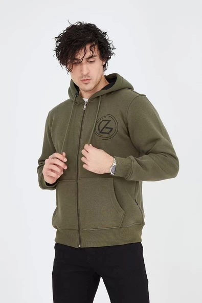 Erkek Kapüşonlu Baskılı Fermuarlı Hırka - Yeşil - Resim 5