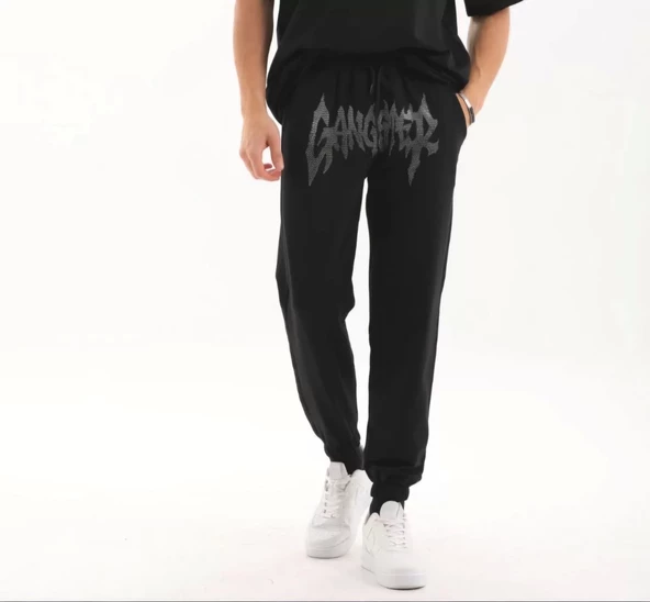 Unisex Taş Detaylı Eşofman Altı - Siyah - 2