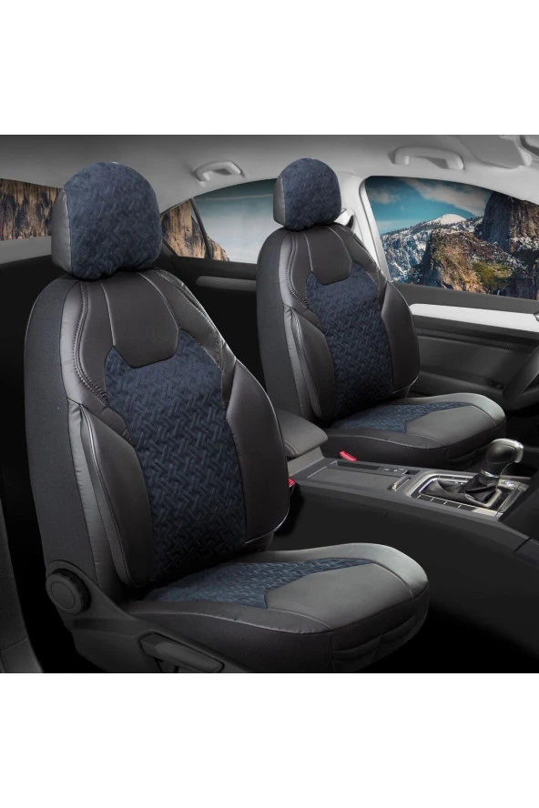 Startcar Renault Modus Deri Detaylı Süet Kumaş Ön Arka Set Oto Koltuk Kılıfı Siyah Mavi STRTCRR