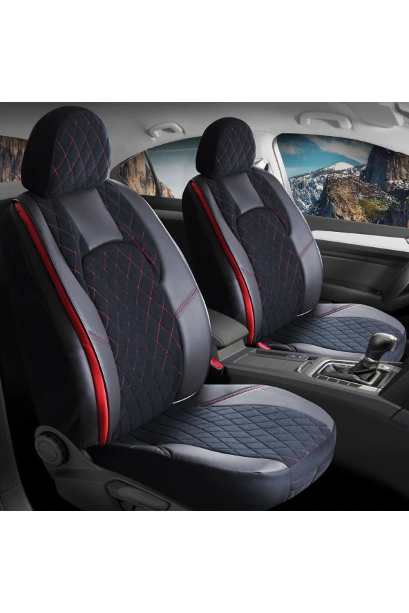 Startcar KİA Picanto Uyumlu Deri Oto Koltuk Kılıfı Ön Arka Set Chester Series Siyah Kırmızı CS