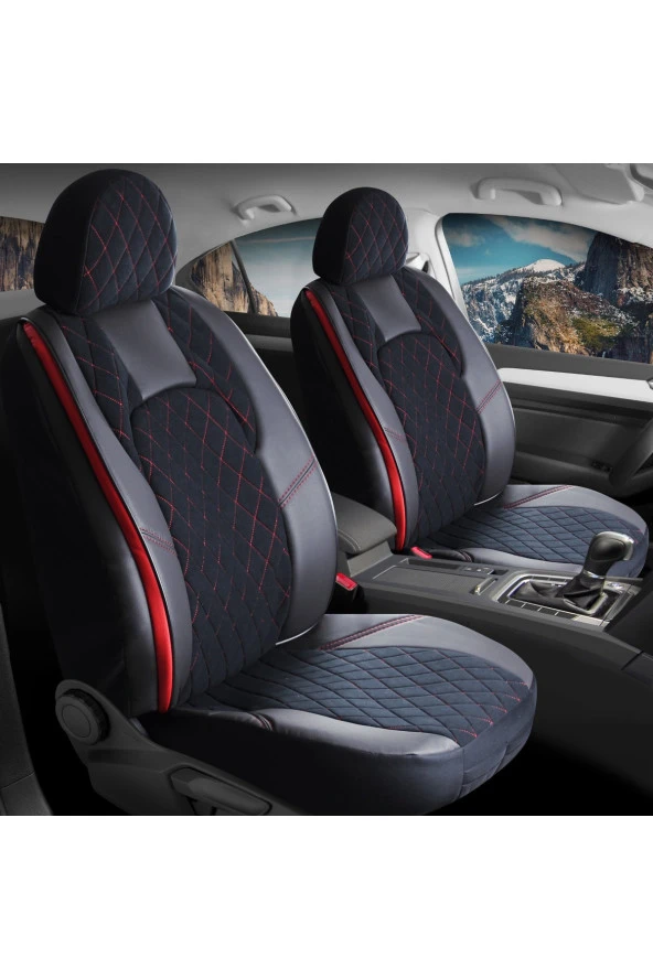 Startcar Audi A7 Serisi Uyumlu Deri Oto Koltuk Kılıfı Ön Arka Set Chester Series Siyah Kırmızı CS