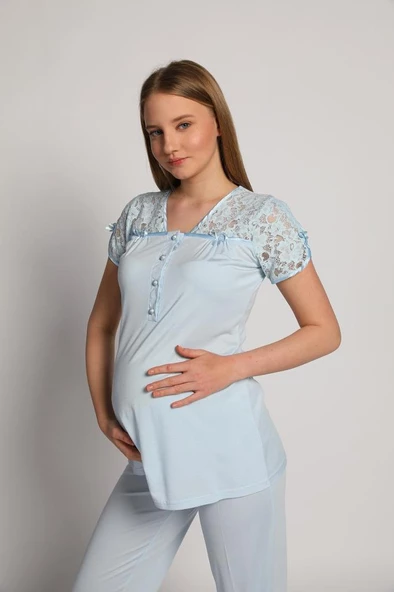 Bone Club 4905 Mavi Krinkel Sabahlıklı Lohusa 3 Lü Pijama Sabahlık - 2