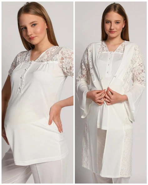 Bone Club 4905 Krinkel Sabahlıklı Lohusa 3 Lü Pijama Sabahlık - 4