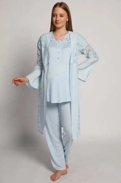 Bone Club 4905 Mavi Krinkel Sabahlıklı Lohusa 3 Lü Pijama Sabahlık - 4