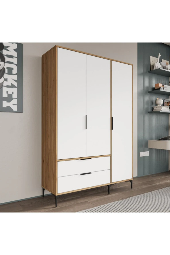 ALONEX HOME  ADEN 3 KAPAKLI ÇEKMECELİ BEYAZ GARDIROP , ELBİSE DOLABI, RAFLI DOLAP - 2