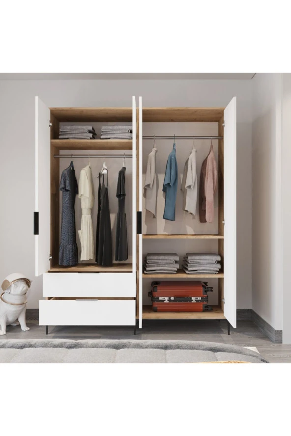 ALONEX HOME ADEN 4 KAPAKLI ÇEKMECELİ BEYAZ GARDIROP , ELBİSE DOLABI, RAFLI DOLAP - 3
