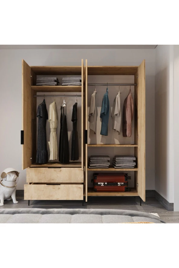 ALONEX HOME  ADEN 4 KAPAKLI ÇEKMECELİ SEPET GARDIROP , ELBİSE DOLABI, RAFLI DOLAP - 3