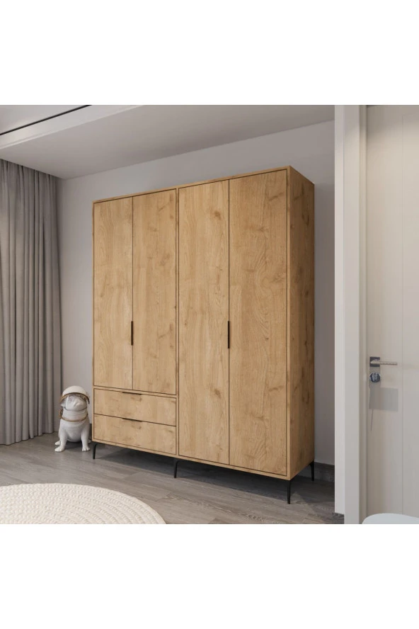 ALONEX HOME  ADEN 4 KAPAKLI ÇEKMECELİ SEPET GARDIROP , ELBİSE DOLABI, RAFLI DOLAP - 4