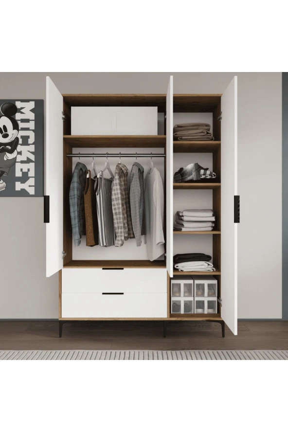ALONEX HOME  ADEN 3 KAPAKLI ÇEKMECELİ BEYAZ GARDIROP , ELBİSE DOLABI, RAFLI DOLAP - 3