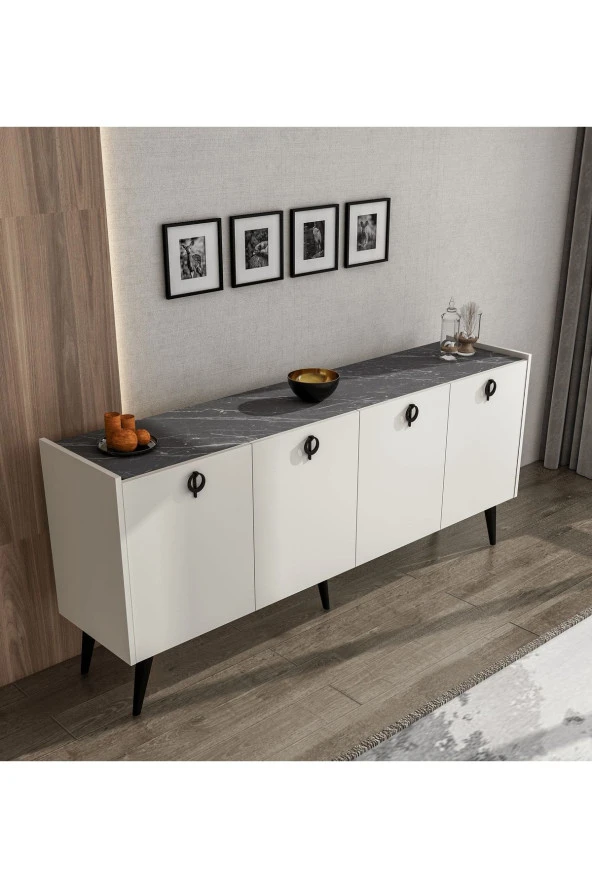 ALONEX HOME Kaya Konsol Ay Taşı (KIRIK BEYAZ) Mermer Desenli 180 Cm Yemek Odası Ofis Salon Ünite