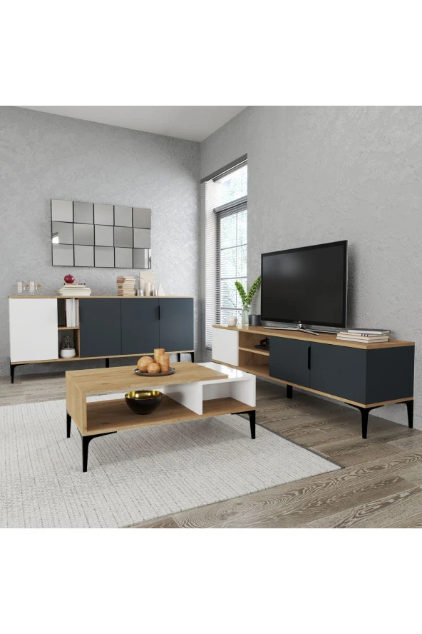 ALONEX HOME  TARZ TV ÜNİTESİ 180 CM-ORTA SEHPA-KONSOL 180 CM 3'LÜ SET BEYAZ RENGİ - 3