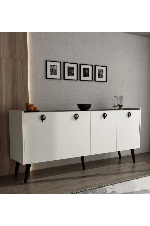 ALONEX HOME Kaya Konsol Ay Taşı (KIRIK BEYAZ) Mermer Desenli 180 Cm Yemek Odası Ofis Salon Ünite - 2