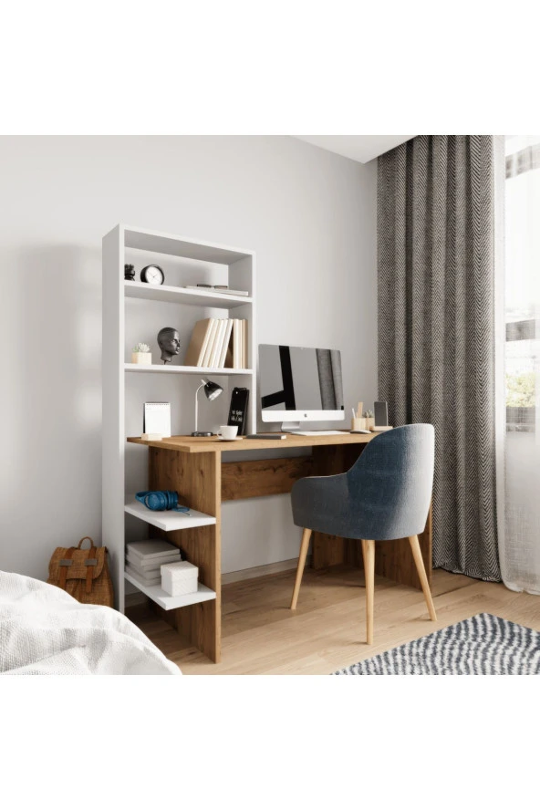 ALONEX HOME Mobilya Aden Beyaz Kitaplıklı Çalışma Masası , Ders Çalışma Masası , Raflı Çalışma Masası ürün görseli