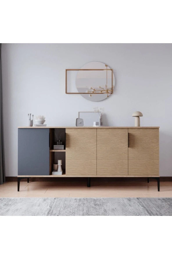 ALONEX HOME  Mobilya Tarz Konsol 4 Kapaklı, Raflı , 180 Cm , Yemek Odası , Ofis, Salon Ünite (ANTRASİT-YUNUS) - 2