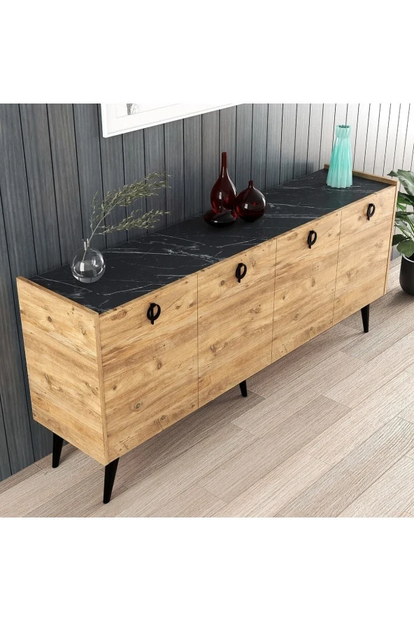 ALONEX HOME  Kaya Konsol Atlantik Çam Mermer Desenli 180 cm Yemek Odası Ofis Salon Ünite - 3