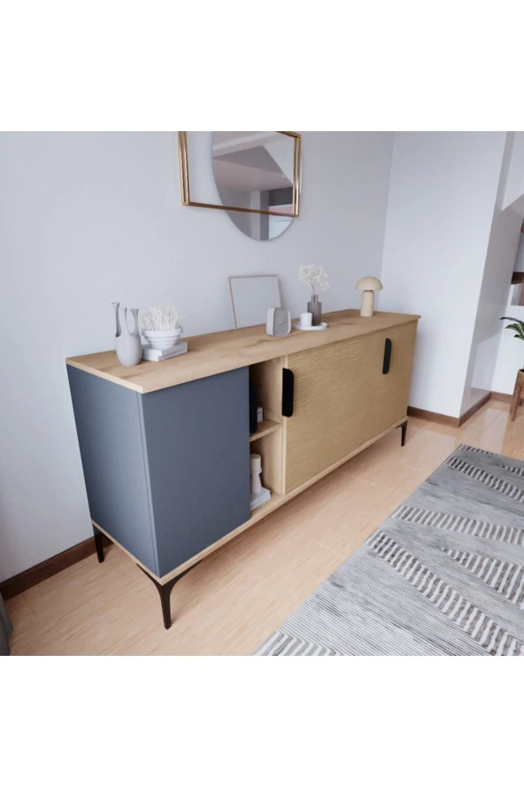 ALONEX HOME  Mobilya Tarz Konsol 4 Kapaklı, Raflı , 180 Cm , Yemek Odası , Ofis, Salon Ünite (ANTRASİT-YUNUS) - 3