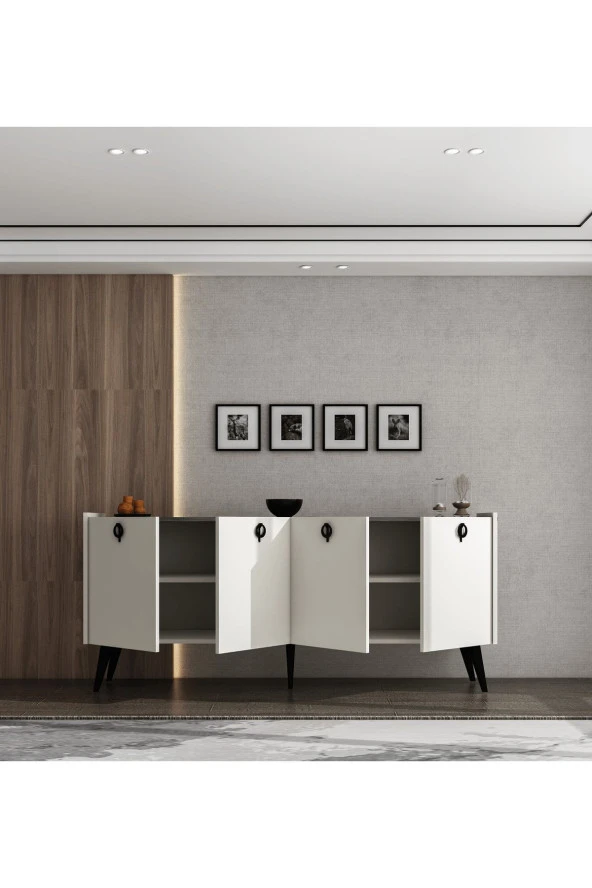 ALONEX HOME Kaya Konsol Ay Taşı (KIRIK BEYAZ) Mermer Desenli 180 Cm Yemek Odası Ofis Salon Ünite - 4