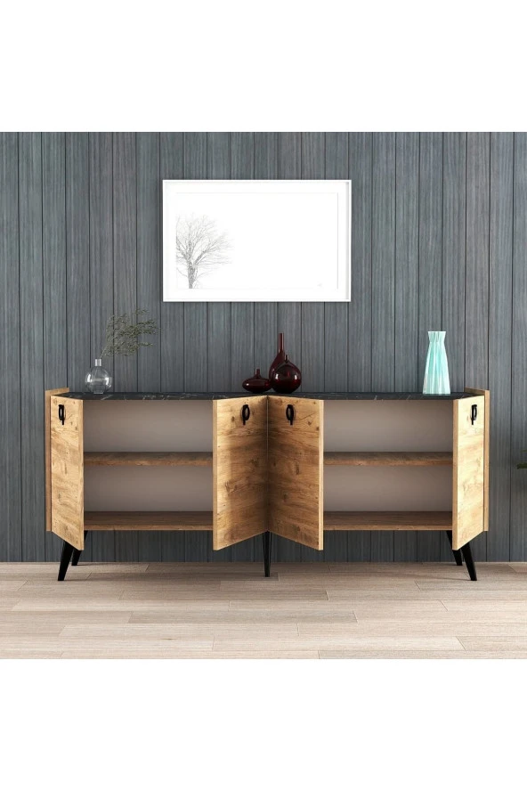 ALONEX HOME  Kaya Konsol Atlantik Çam Mermer Desenli 180 cm Yemek Odası Ofis Salon Ünite - 4