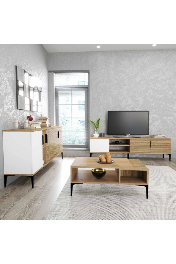 ALONEX HOME  TARZ TV ÜNİTESİ 180 CM-ORTA SEHPA-KONSOL 180 CM 3'LÜ SET BEYAZ RENGİ - 2