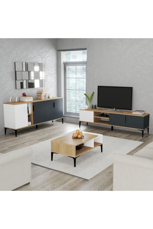 ALONEX HOME  TARZ TV ÜNİTESİ 180 CM-ORTA SEHPA-KONSOL 180 CM 3'LÜ SET BEYAZ RENGİ - 2