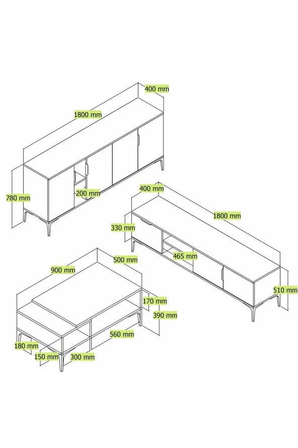 ALONEX HOME  TARZ TV ÜNİTESİ 180 CM-ORTA SEHPA-KONSOL 180 CM 3'LÜ SET BEYAZ RENGİ - 4