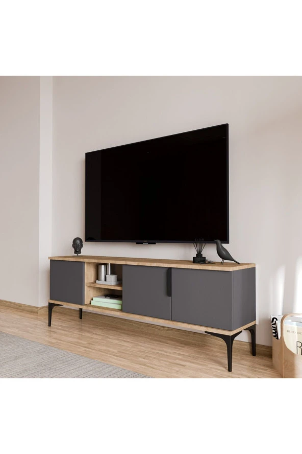 ALONEX HOME  Tarz (Full Antrasit) , 150 cm Tv Ünitesi , Tv Sehpası ,Raflı Tv Ünitesi Konsol - 2