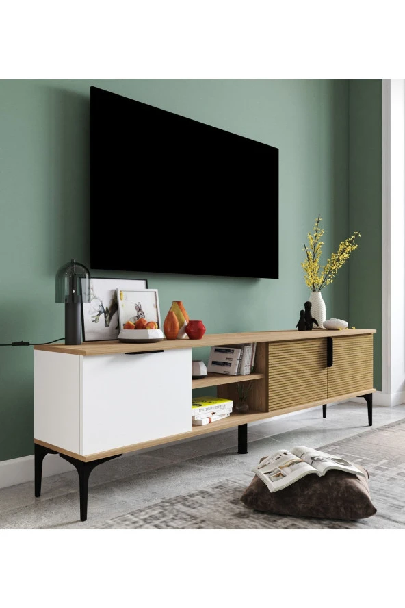 ALONEX HOME  Tarz Raflı 180 Cm Metal Kulp Tv Ünitesi (sepet - Beyaz)