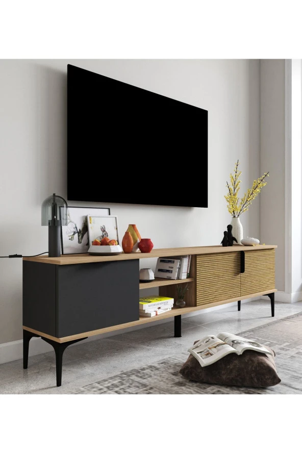 ALONEX HOME  Tarz Raflı 180 Cm Metal Kulp Tv Ünitesi (sepet - Antrasit)