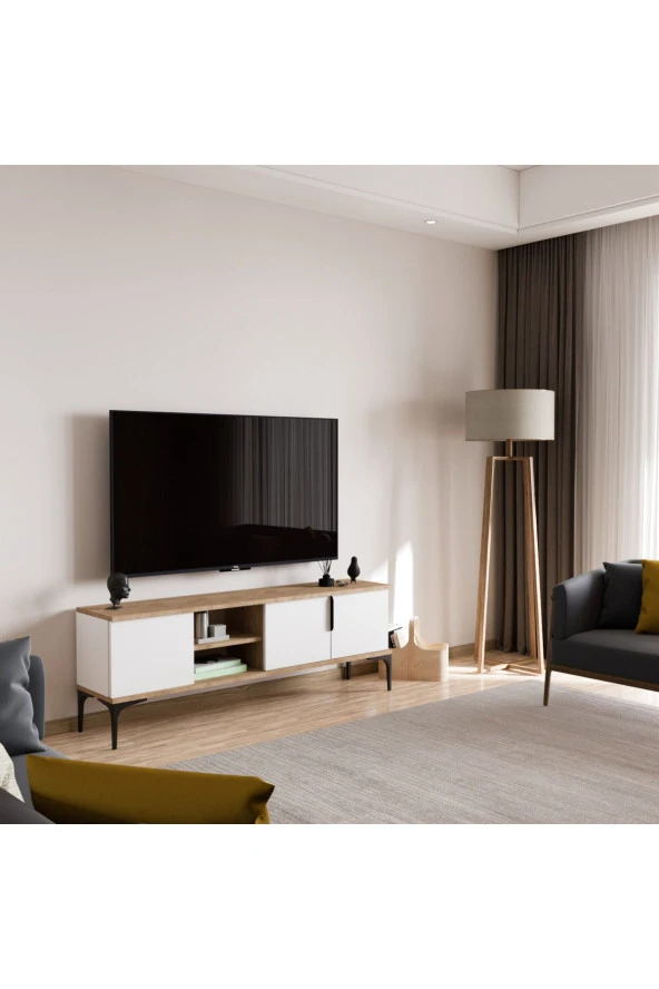 ALONEX HOME  Tarz (Full Beyaz) , 150 cm Tv Ünitesi , Tv Sehpası ,Raflı Tv Ünitesi Konsol - 5