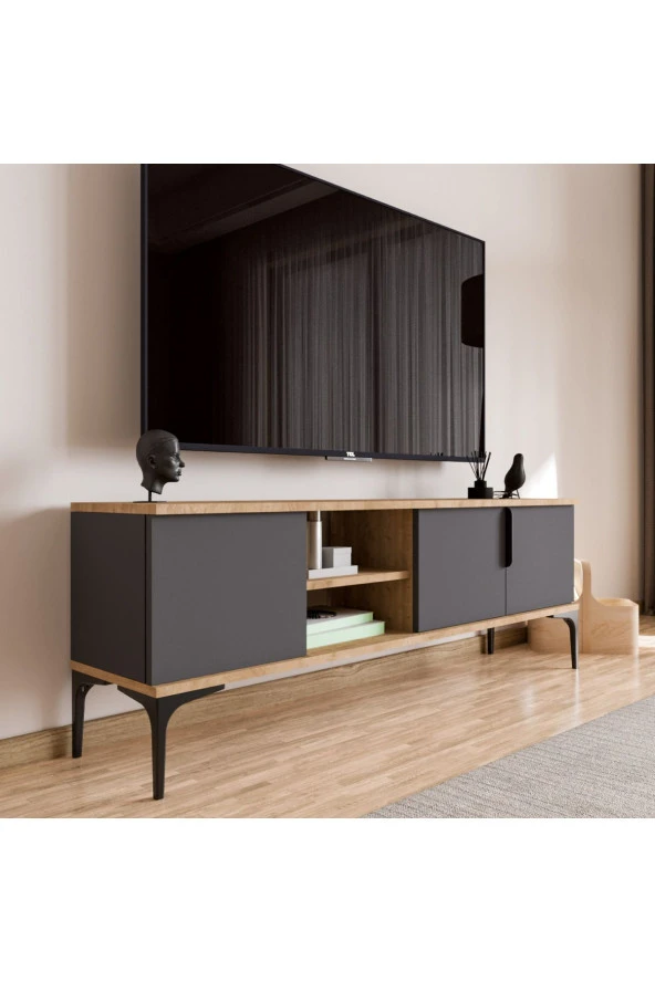 ALONEX HOME  Tarz (Full Antrasit) , 150 cm Tv Ünitesi , Tv Sehpası ,Raflı Tv Ünitesi Konsol - 5